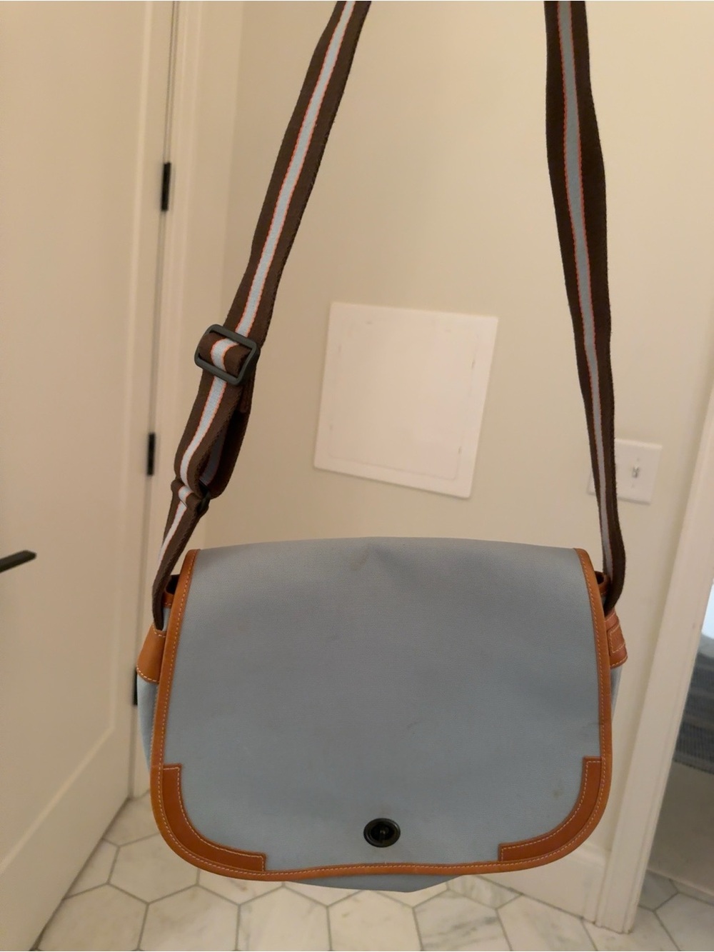 Longchamp Light Blue Satchel with Brown Trim and Striped Strap